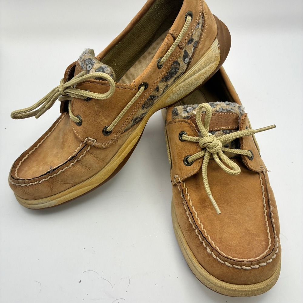 Sperry Top-Sider Womens 7.5 M Tan Leather Leopard Sequin Boat Shoes 9773136